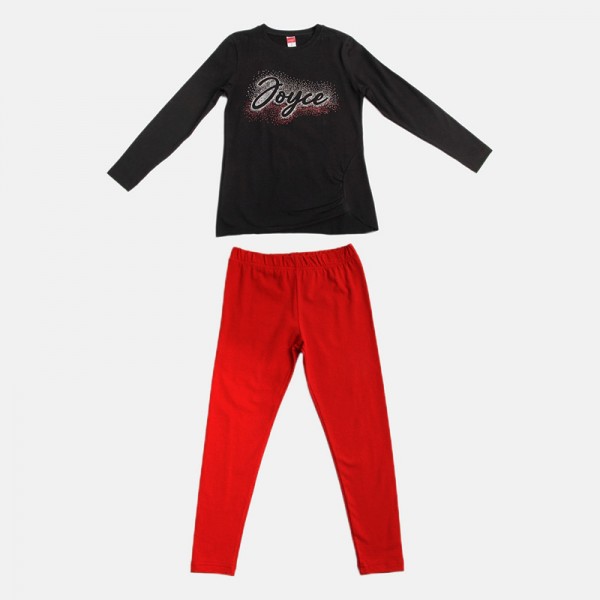 Σετ εποχιακό κολάν - μπλούζα μακρυμάνικη, με στάμπα και γκλίτερ, μαύρο - κόκκινο